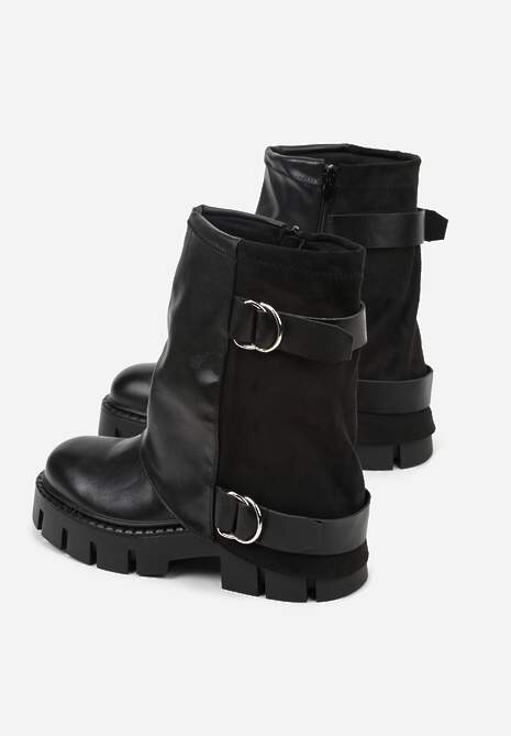 Czarne Botki na Platformie z Wywiniętą Cholewką i Paskami ze Sprzączkami Zevrina