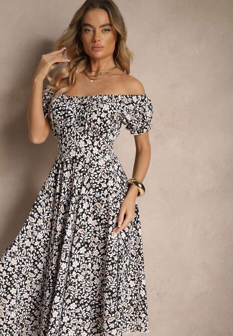 Czarna Rozkloszowana Sukienka w Kwiatowy Print z Bawełną i Dekoltem Łódką z Bufkami Saniren