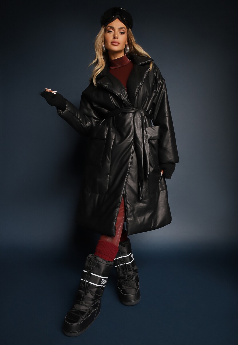 Brązowy Płaszcz z Imitacji Skóry z Wiązanym Paskiem Tosha