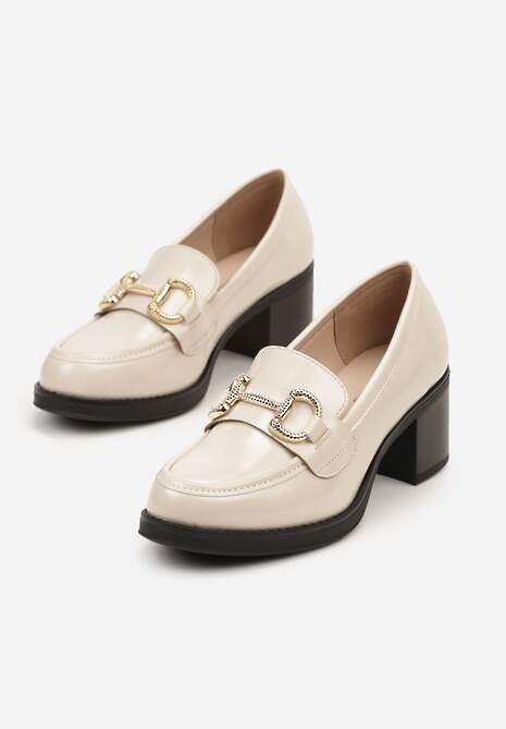 Beżowe Lakierowane Półbuty Mokasyny na Słupku Ozdobione Sprzączką Rivanell
