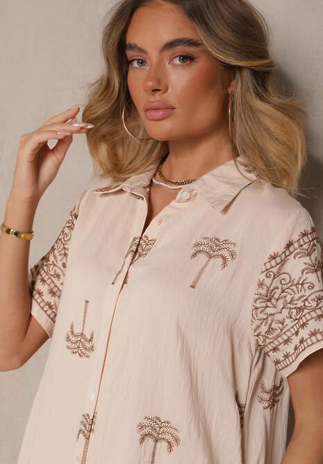 Beżowa Sukienka z Wiskozą o Pudełkowym Kroju z Kołnierzykiem z Haftem Sanavelle