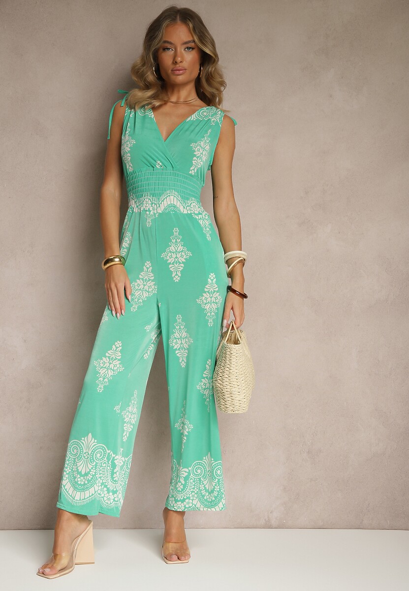 Zielony Kombinezon z Dekoltem w Kształcie Litery V Zdobiony Etnicznym Printem Izlina