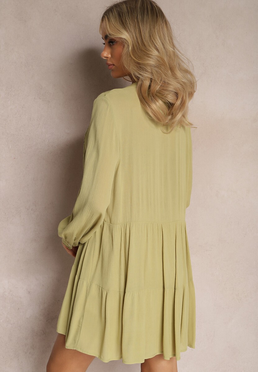 Zielona Rozkloszowana Sukienka Koszulowa Mini w Stylu Boho Binessa