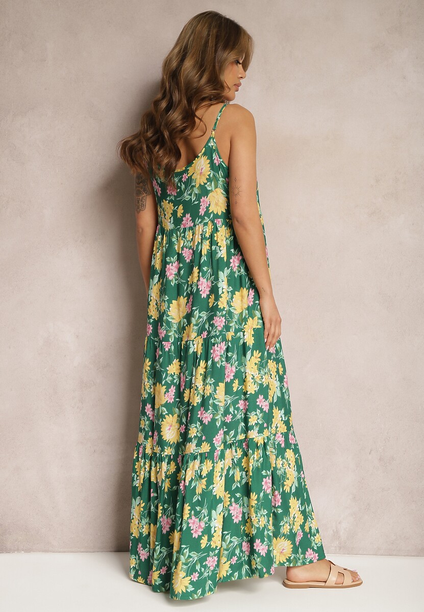 Zielona Wiskozowa Sukienka na Ramiączkach z Falbanką Lrinesa