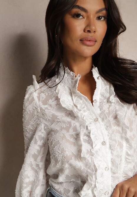 Biała Koronkowa Koszula Zdobiona Biżuteryjnymi Guzikami Lormi