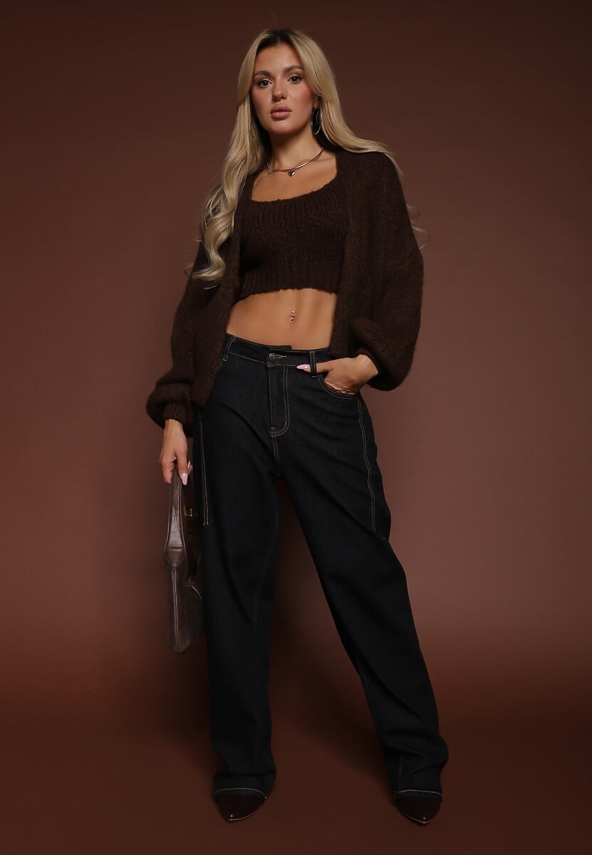 Brązowy Niezapinany Kardigan z Wełną i Wiskozą z Dołączonym Topem Belvane