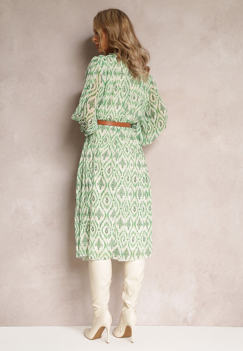 Zielona Sukienka w Etno Wzór z Paskiem i Plisowaniem Dorisia
