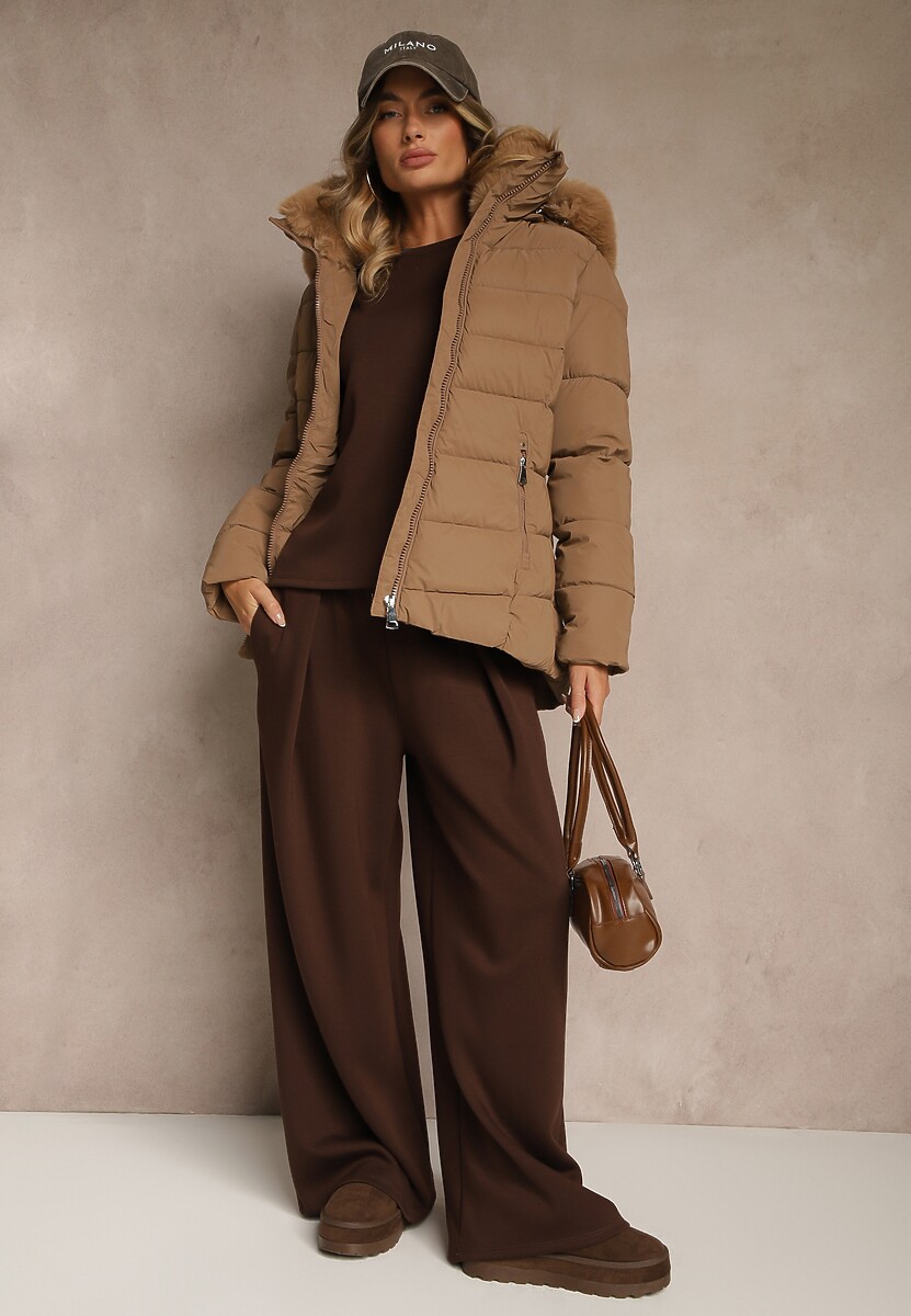 Brązowa Pikowana Kurtka o Taliowanym Kroju z Kapturem z Futerkiem Olidessa