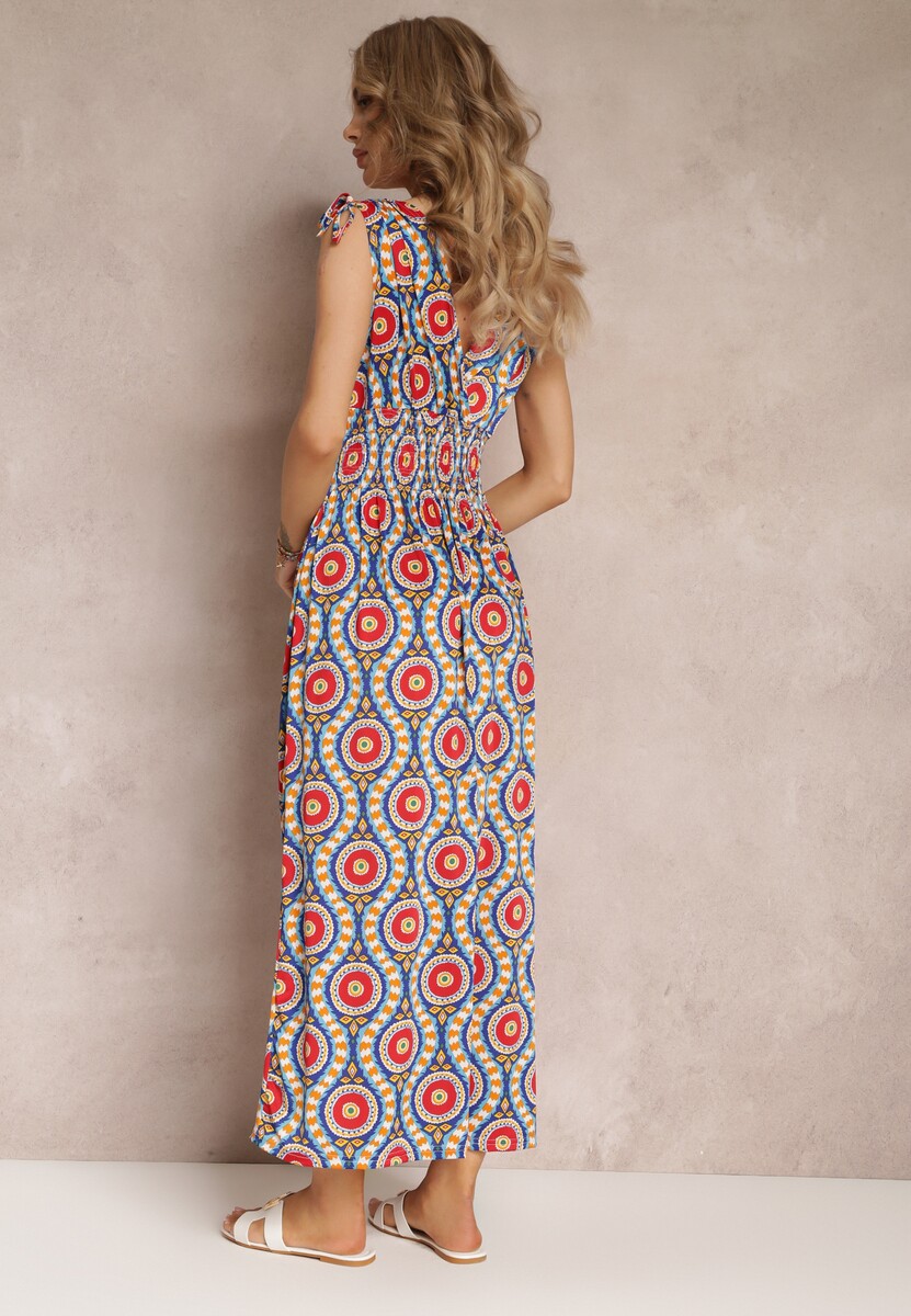 Niebiesko-Czerwona Rozkloszowana Sukienka z Wiskozy w Fantazyjny Print Karlene