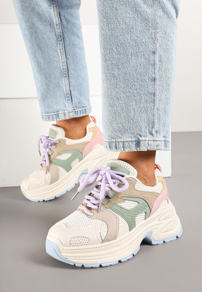 Jasnobeżowe Sneakersy na Platformie z Tłoczeniem i Geometrycznym Wzorem Melvila