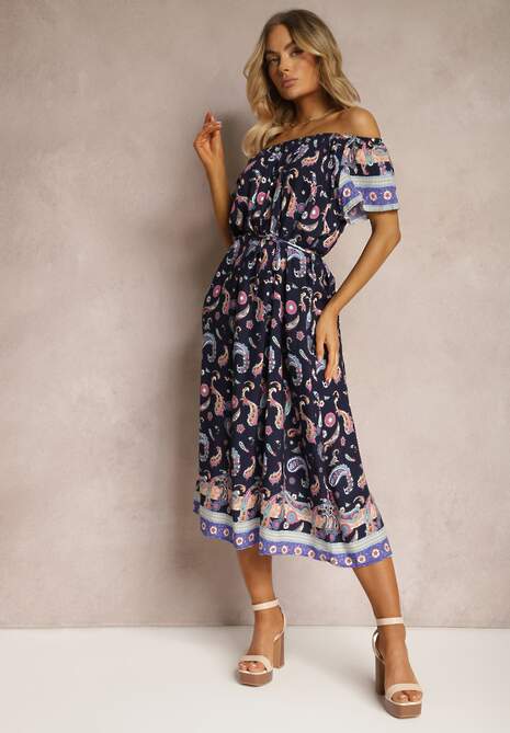 Granatowa Pudełkowa Sukienka z Bawełny we Wzór Paisley z Hiszpańskim Dekoltem Veranica