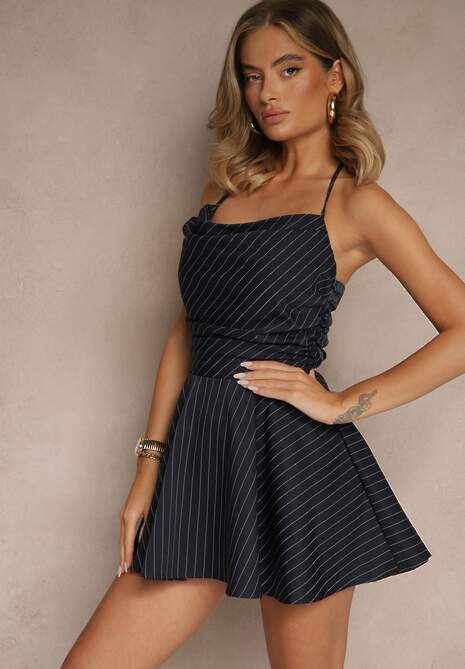 Granatowa Rozkloszowana Sukienka Vices ze Wzorem Pasków Fenitia