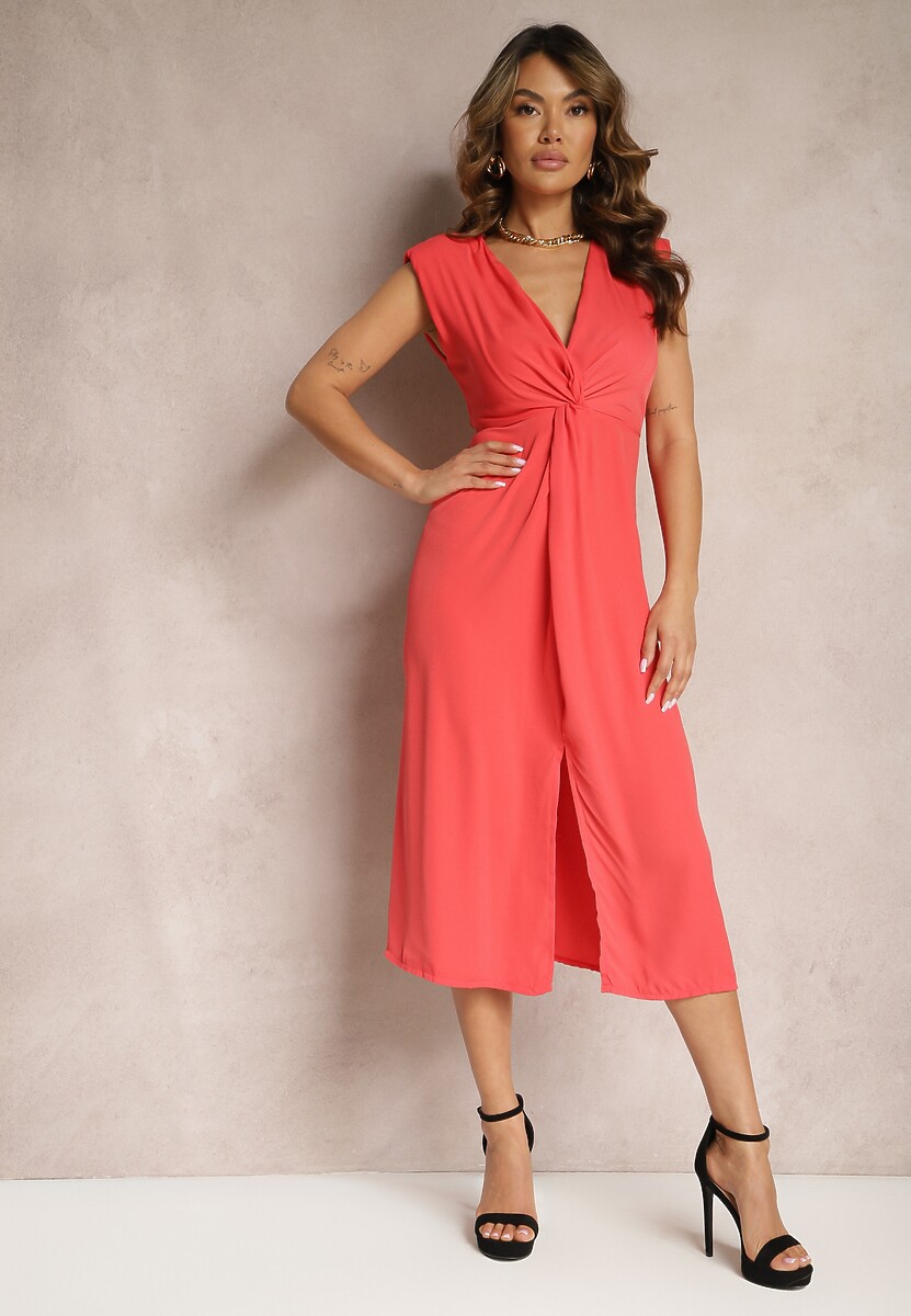 Czarna Midi Sukienka o Rozkloszowanym Fasonie z Ozdobnym Węzłem i Rozcięciem Zanondia