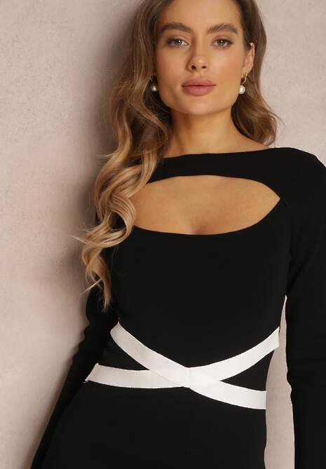 Czarna Sukienka Sweterkowa z Falbanką Cesi