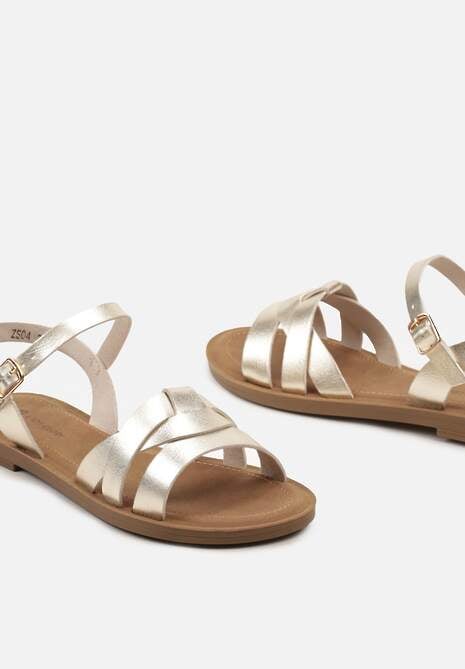 Złote Sandały z Imitacji Skóry na Płaskiej Podeszwie Zapinane na Sprzączkę Javera