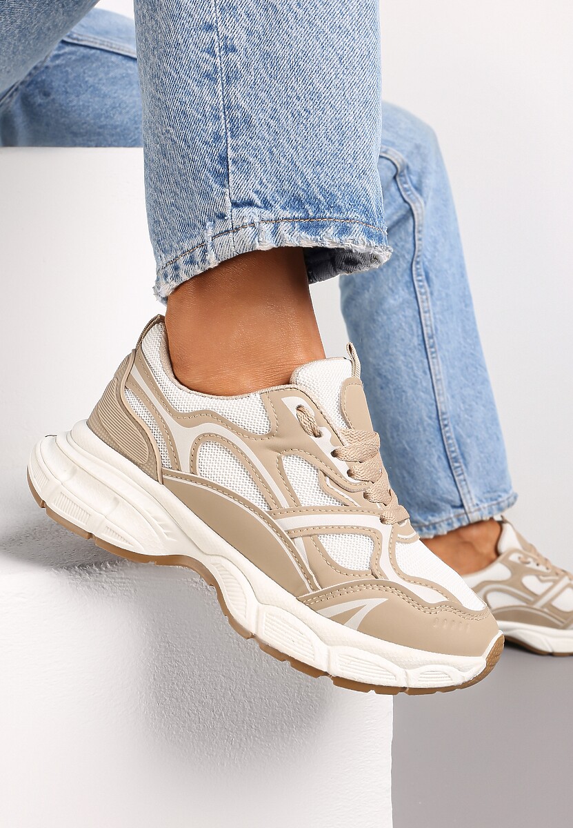 Ciemnobeżowe Sneakersy na Masywnej Podeszwie Ozdobione Siateczkowymi Wstawkami Malica