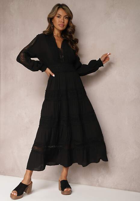 Czarna Sukienka Maxi z Ażurowymi Wstawkami i Trójkątnym Dekoltem Fanuelis