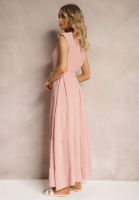 Ciemnoróżowa Sukienka z Paskiem w Talii o Rozkloszowanym Fasonie bez Rękawów Ellasin