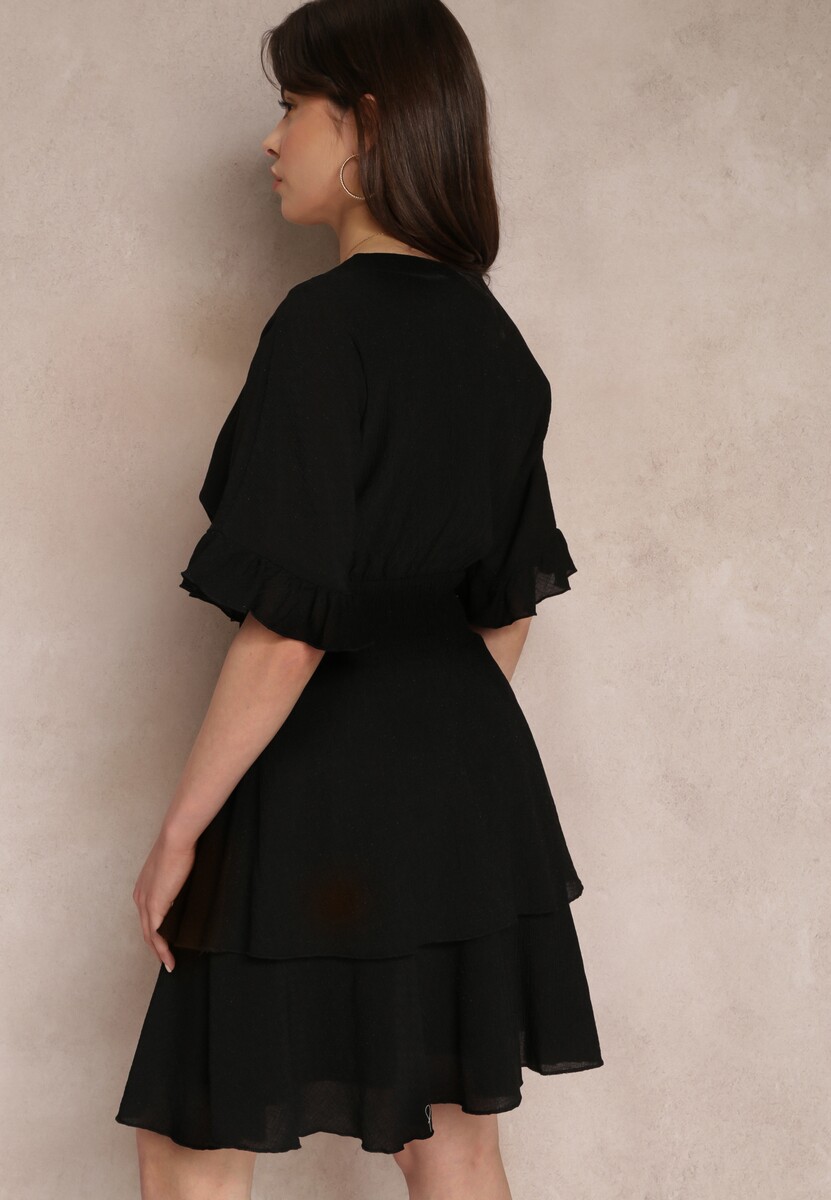 Czarna Zwiewna Sukienka Mini z Falbankami i Szeroką Gumką w Talii Olleanne