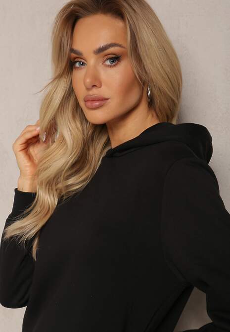 Czarna Sukienka Dresowa Oversize z Kapturem Elderre