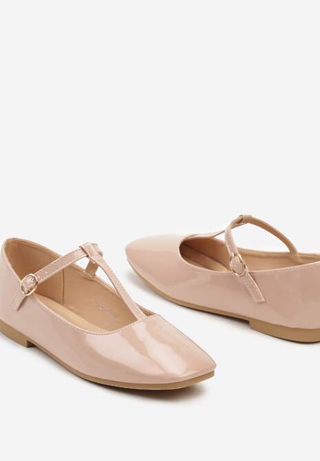 Beżowe Balerinki z Lakierowanym Połyskiem i Kwadratowym Noskiem Zapinane na Klamerkę Edalia
