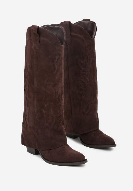 Brązowe Kozaki Kowbojki na Stożkowym Obcasie z Wywiniętą Cholewką z Haftem Fenassa