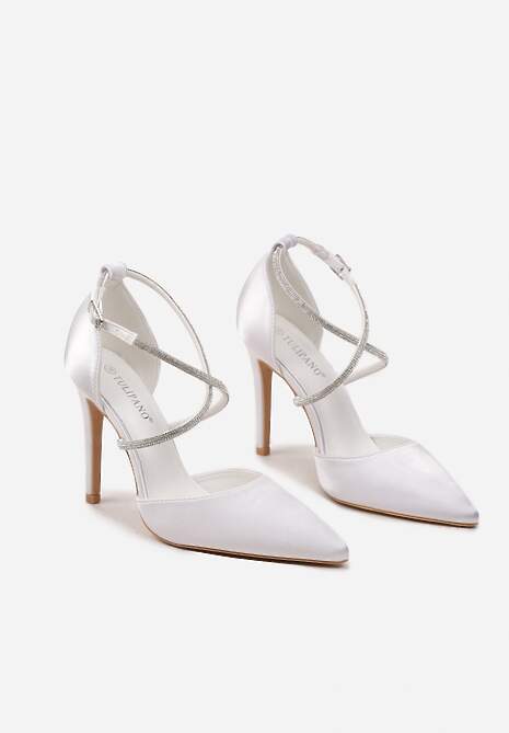 Białe Satynowe Szpilki Ozdobione Cyrkoniami na Cienkich Paskach Wynstelle