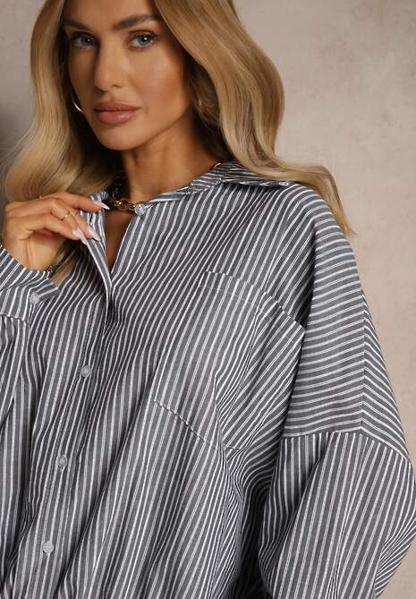 Ciemnoszara Koszula z Bawełny o Kroju Oversize w Prążki ze Ściągaczem w Pasie Neoritia