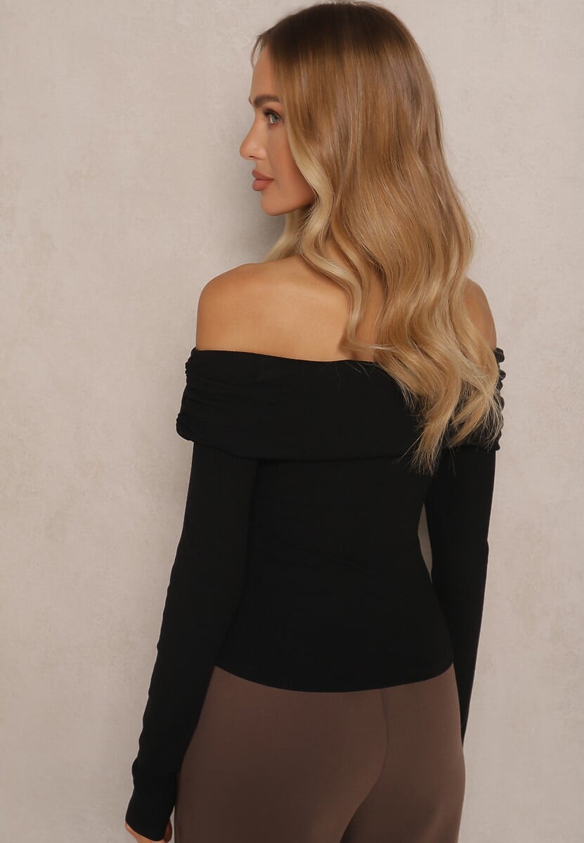 Czarna Bluzka z Wiskozą z Hiszpańskim Dekoltem Amodara