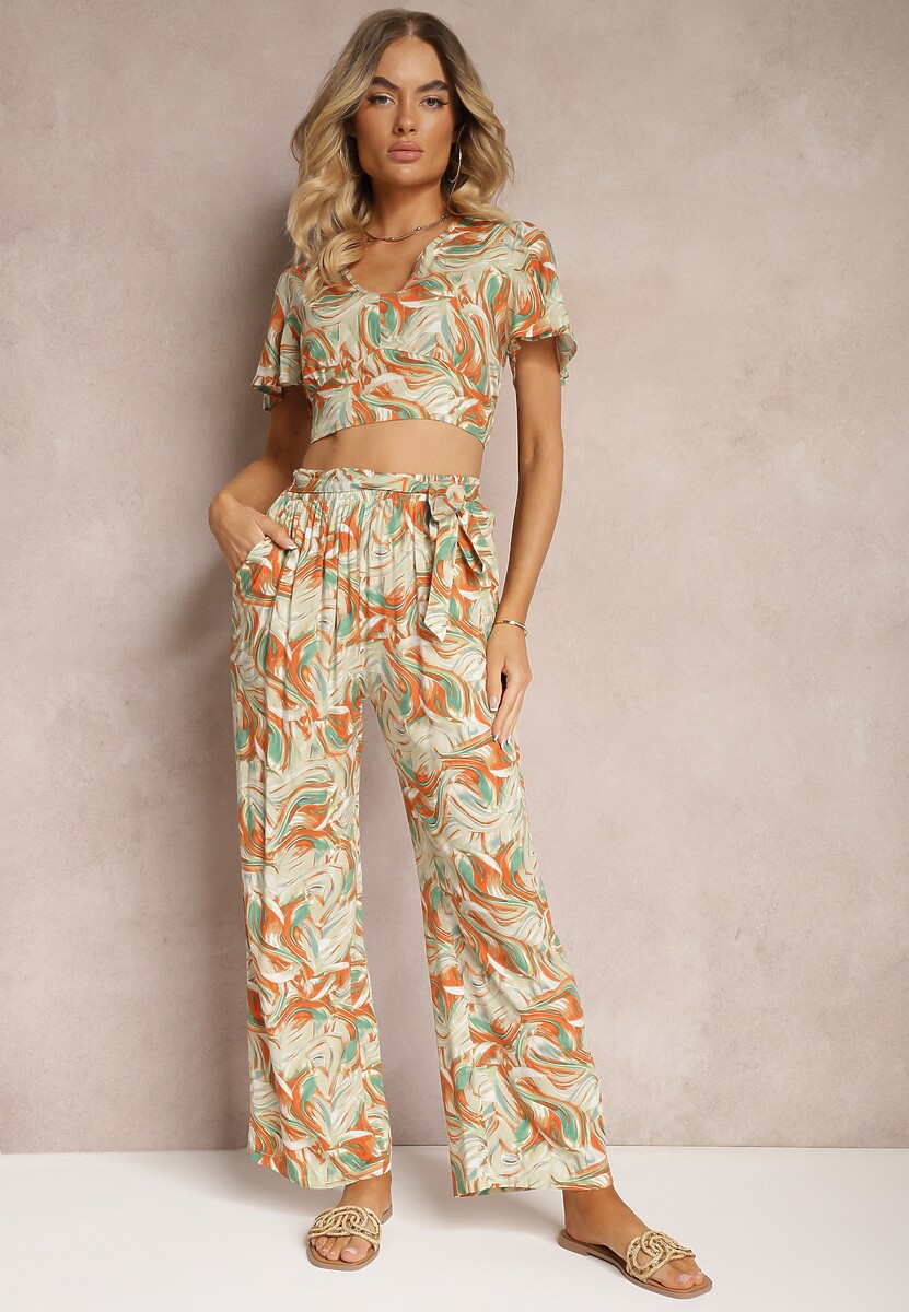 Niebiesko-Zielony Komplet z Bawełny Krótki Top o Koszulowym Kroju Spodnie z Gumką i Wiązaniem Areadia