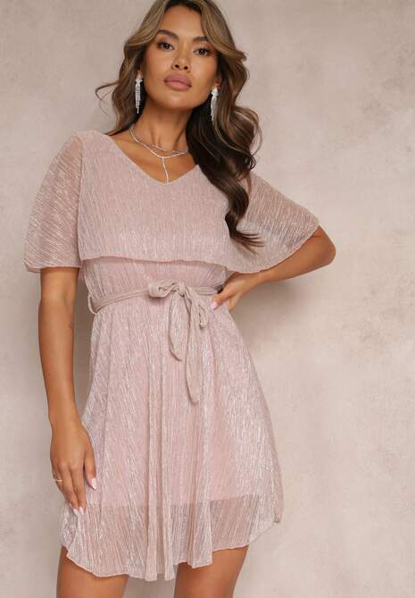 Różowa Sukienka Mini z Metaliczną Nitką i Gumką w Pasie Eullas