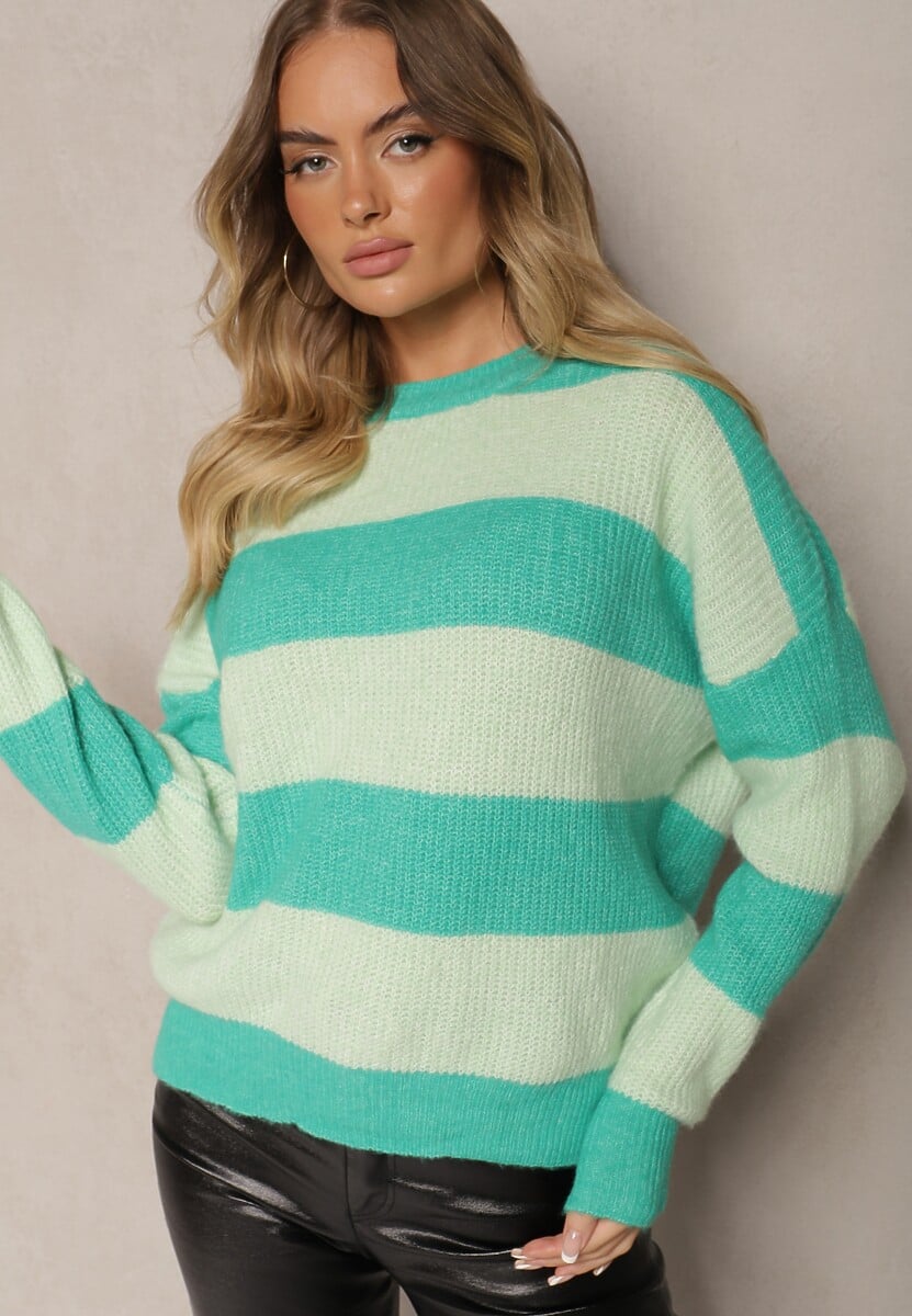 Zielony Sweter ze Ściągaczami Ozdobiony Pasami z Wełną Tiarosea