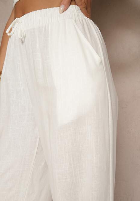 Białe Spodnie z Lnem o Szerokim Kroju z Gumką w Talii Filarive