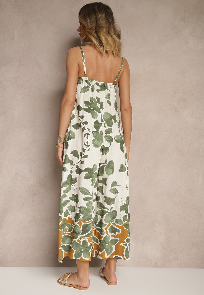 Zielono-Beżowy Kombinezon Wide Leg z Wiskozą na Ramiączkach Iffiane