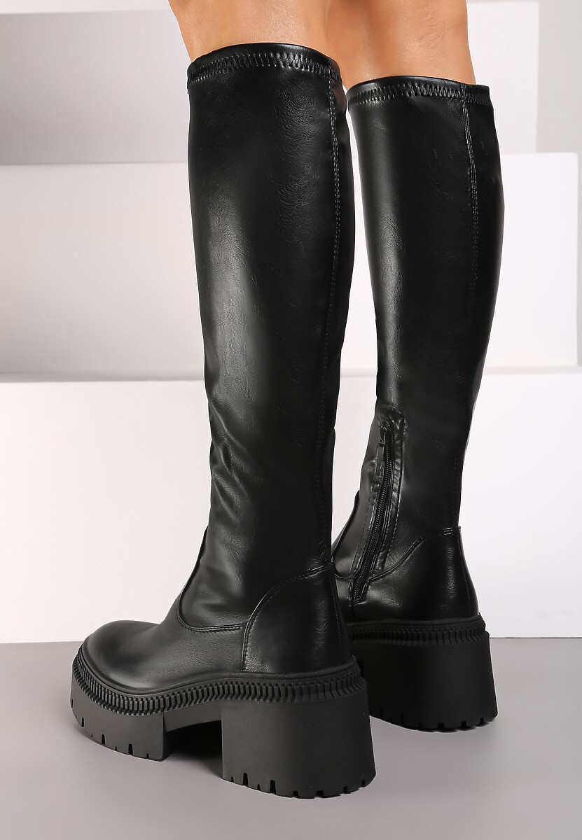 Czarne Kozaki na Obcasie Typu Słupek z Wysoką Dopasowaną Cholewką Laoliana