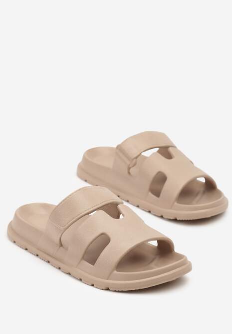 Ciemnobeżowe Klapki z Pianki Zdobione Geometrycznymi Wycięciami Flenirae