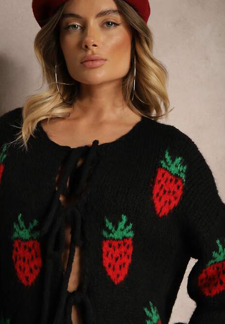 Czarny Wiązany Kardigan z Wełną i Wiskozą z Ozdobnym Wzorem z Truskawkami Cesirae