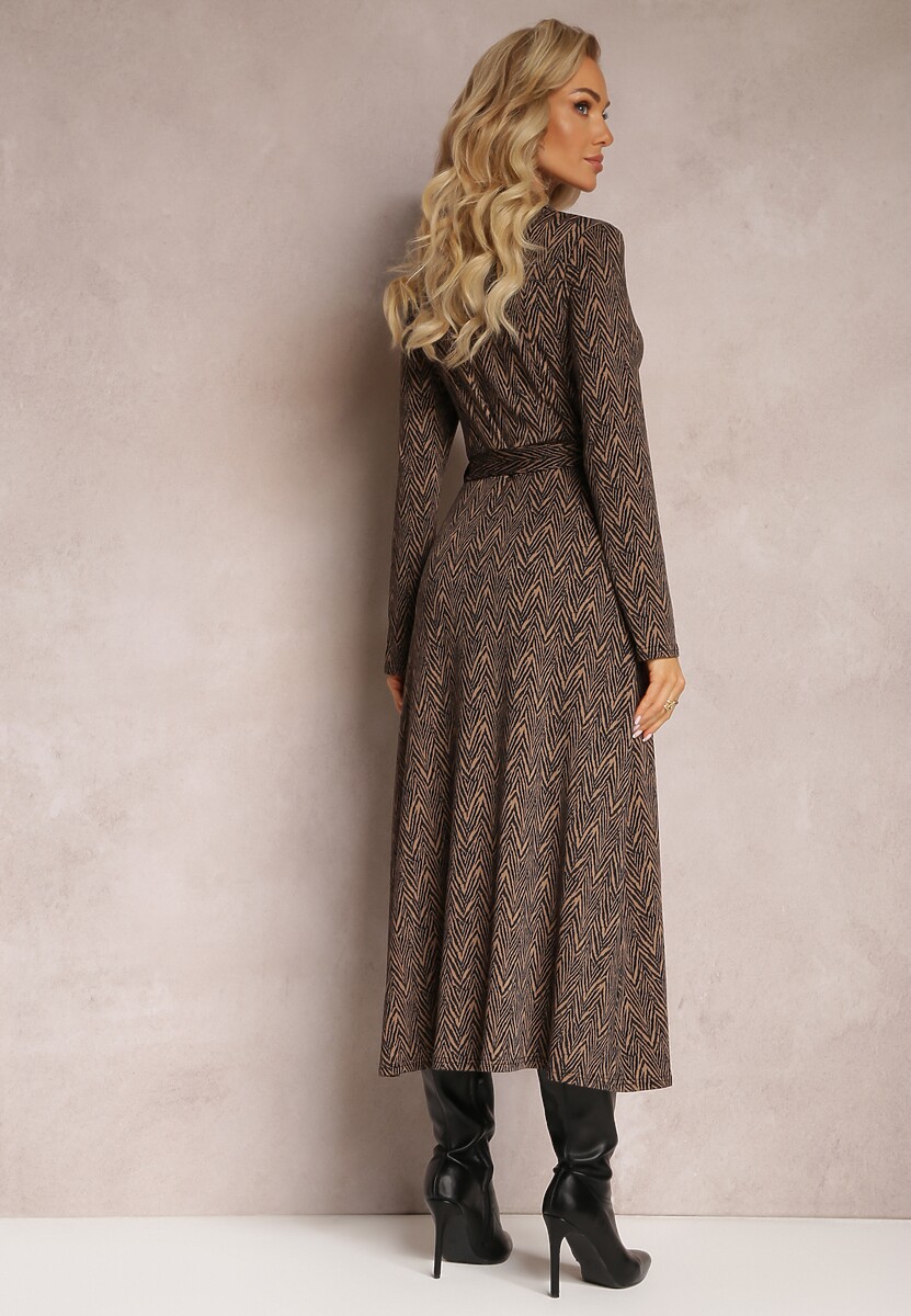 Brązowa Koszulowa Sukienka Midi z Wiązanym Paskiem Xudilla