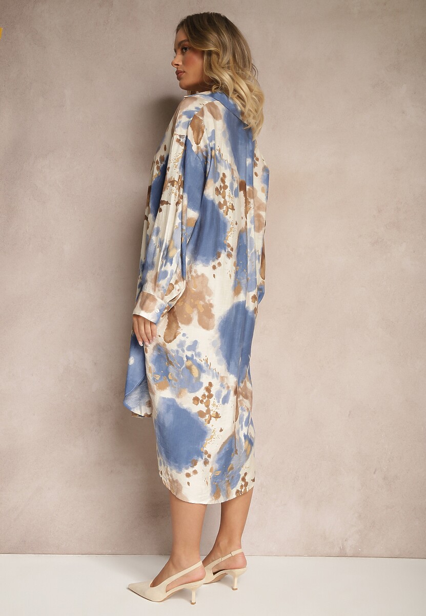 Niebieska Wiskozowa Sukienka Oversize o Kroju Koszuli w Abstrakcyjny Print Gonnivae