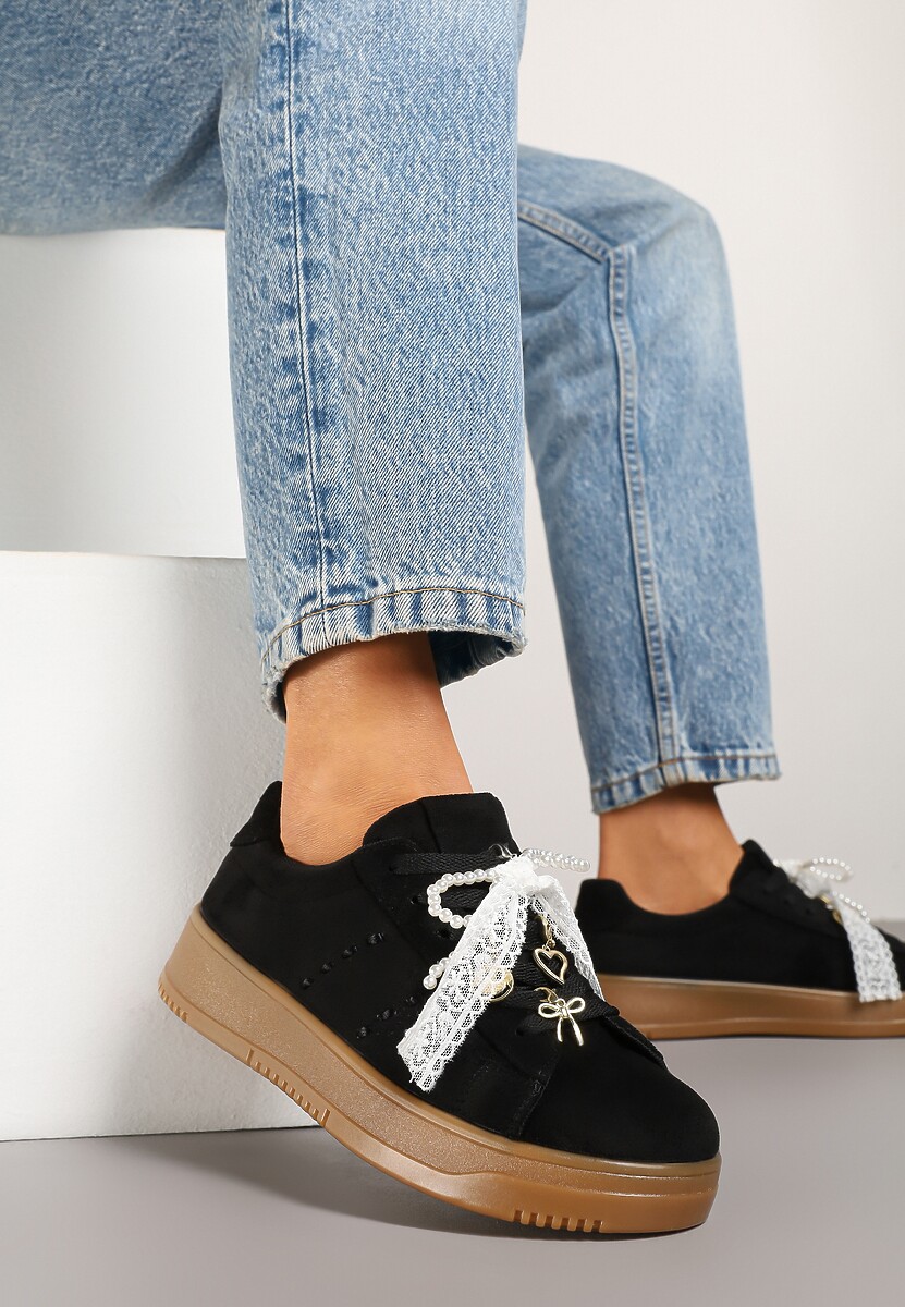 Brązowe Sneakersy na Niskiej Platformie z Aplikacjami i Kokardkami Divienne