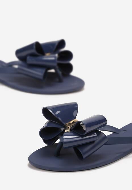 Granatowe Płaskie Japonki z Kokardą i Okrągłym Noskiem Nelemene