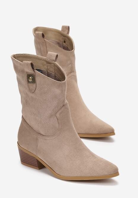 Ciemnobeżowe Botki z Imitacji Zamszu na Płaskim Obcasie z Haftowaniem Davonia