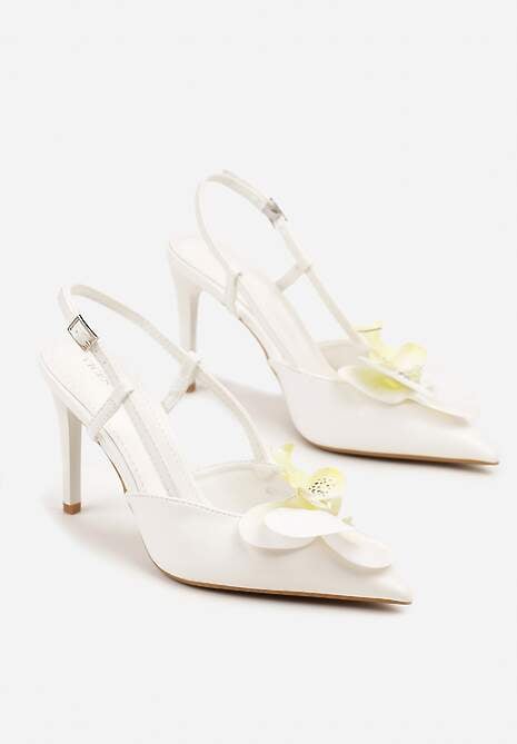 Białe Sandały na Szpilce Vices Slingback z Kwiatem 3D Koviano