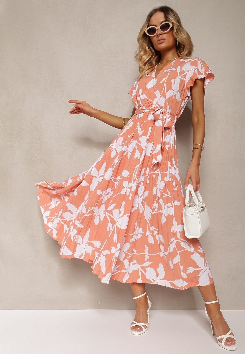 Pomarańczowo-Biała Sukienka z Kopertowym Dekoltem Plisowanym Dołem Wykończona w Talii Paskiem i Gumką Elsavia
