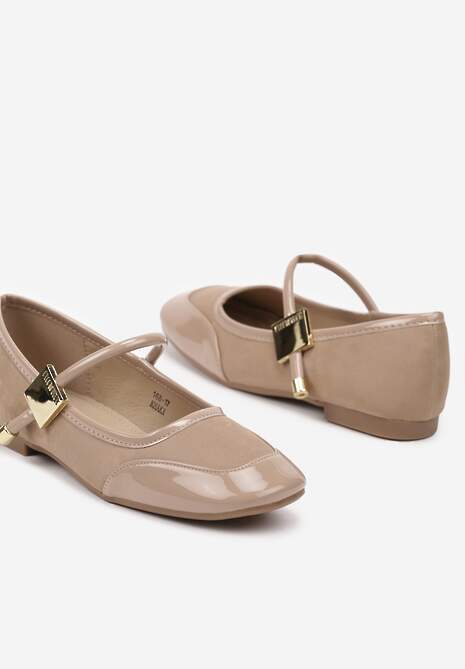 Ciemnobeżowe Balerinki ze Wstawkami ze Skóry Naturalnej o Lakierowanym Połysku ze Sprzączką Alvitta