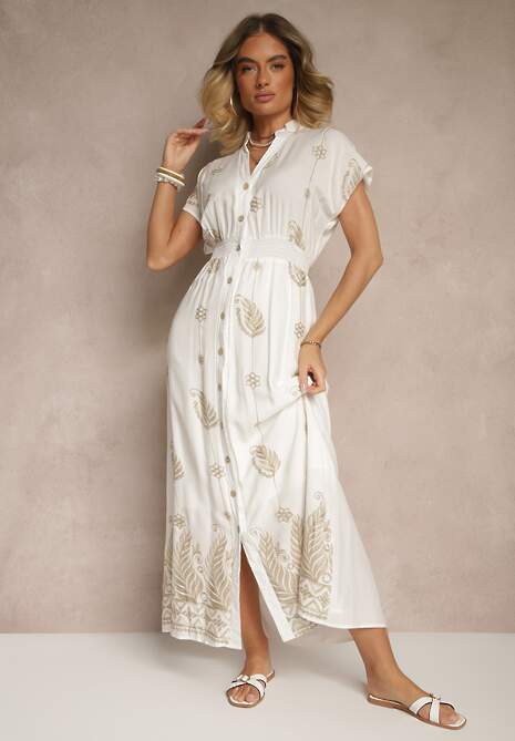 Biała Sukienka Koszulowa z Bawełną i Metaliczną Nicią Ullio