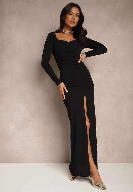 Czarna Wieczorowa Sukienka Taliowana z Metaliczną Nitką i Kopertowym Dekoltem Emilene