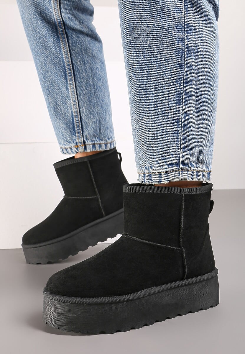 Czarne Śniegowce za Kostkę na Platformie Ocieplane Futerkiem Divena