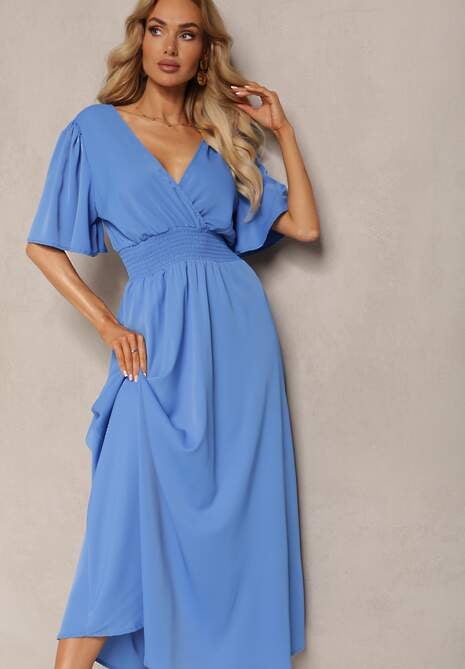 Niebieska  Sukienka z Luźnymi Rękawami Wiązaniem z Wycięciem na Plecach i Gumką w Talii Valenta