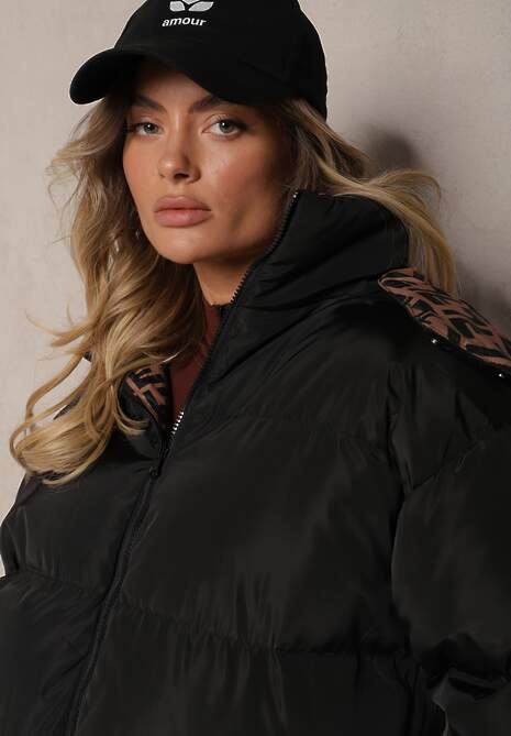 Czarna Casualowa Kurtka Dwustronna Typu Puffer ze Ściągaczami i Kapturem Erisalanne